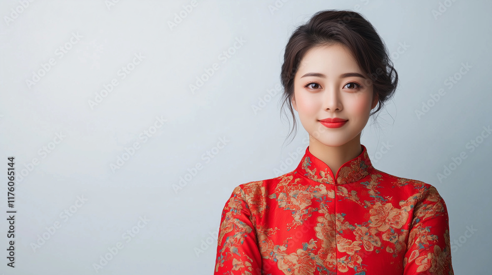 Elegant Chinese woman in red floral dress with serene expression, showcasing cultural beauty and grace. Elegant Chinese woman in red floral dress with serene expression, showcasing cultural beauty and grace.