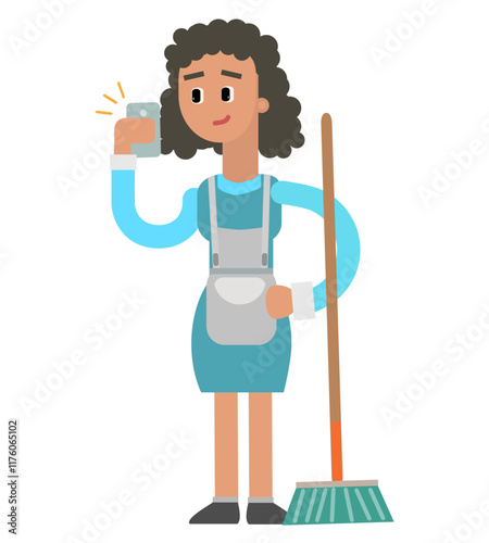 Vector illustration of cleaning lady making phone call while holding broom, cute cartoon illustration