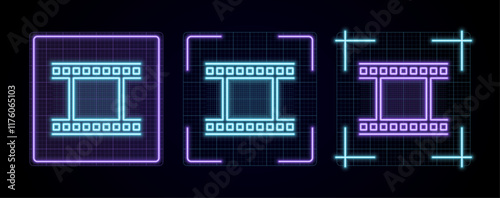 Movie Film Strip illustration, cyber neon visual, glowing border grid vector.
