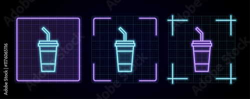 Soda cup icon illustration, cyber neon visual, glowing border grid vector.