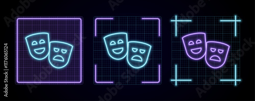 Acting performance icon illustration, cyber neon visual, glowing border grid vector.