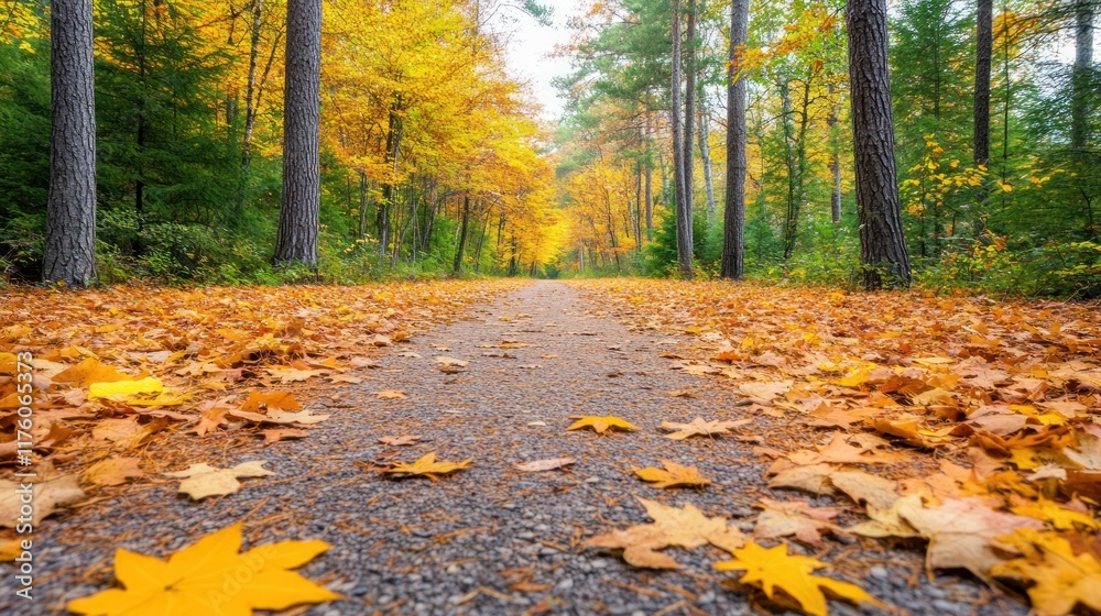 Fototapeta premium Serene autumn path surrounded by colorful foliage.