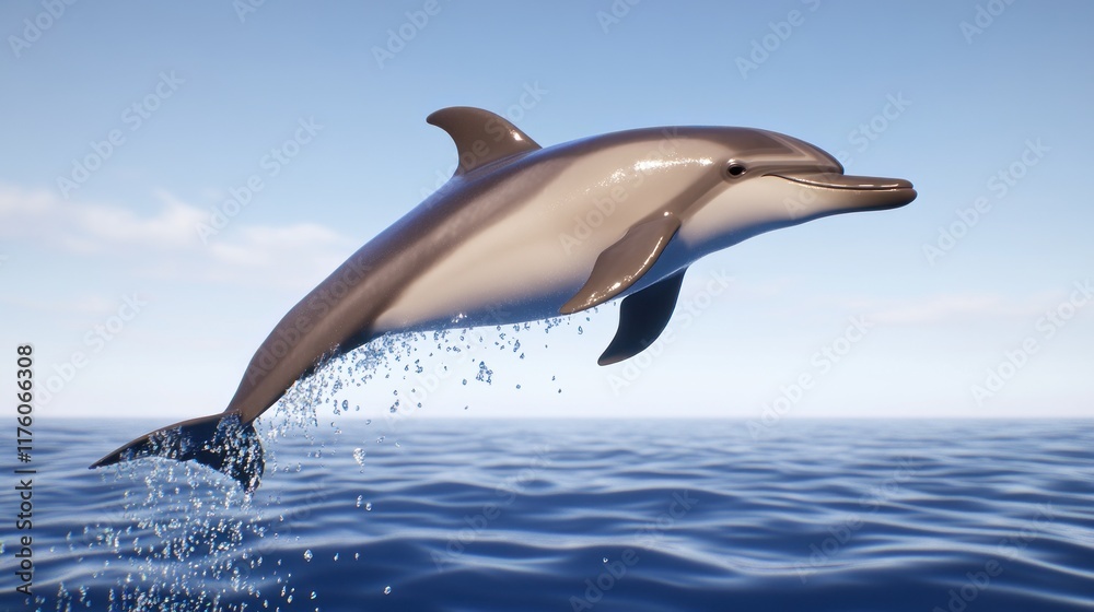 Fototapeta premium Dolphin leaping above ocean waves under a clear blue sky.