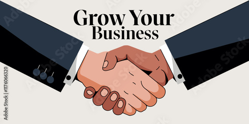 Handshake vector illustration with the text "Grow Your Business," featuring two businesspeople's hands shaking