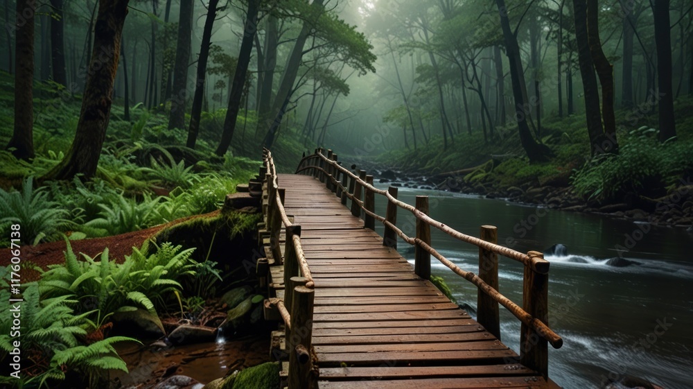 Obraz premium Misty forest walkway over a tranquil stream. Wooden bridge through lush green foliage, misty atmosphere.