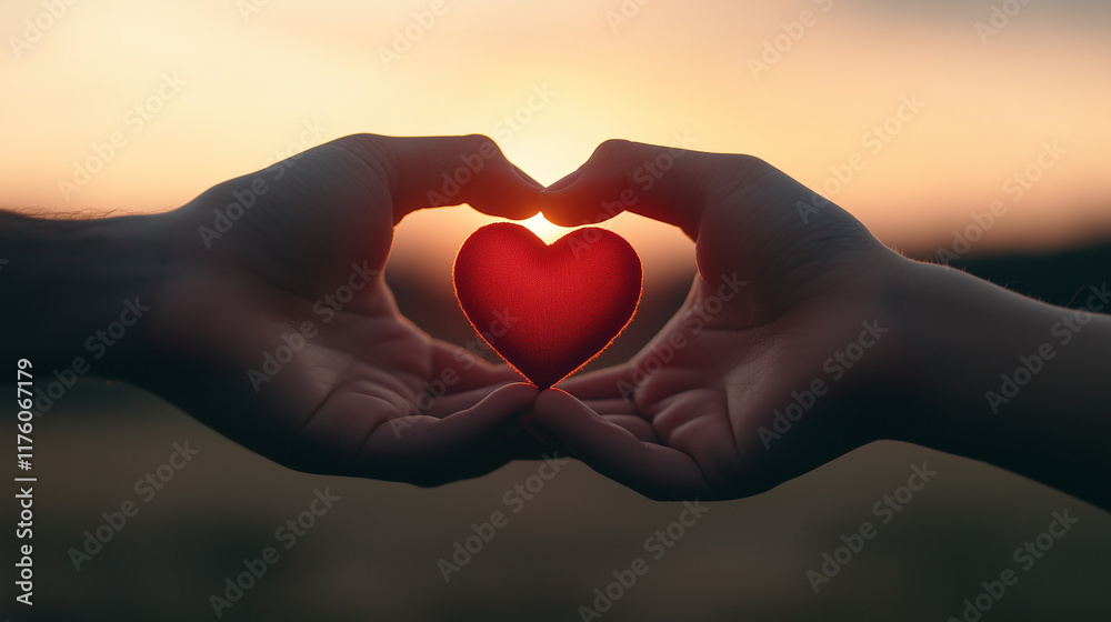 romantic scene featuring two hands forming heart shape around red heart against sunset backdrop, symbolizing love and connection. romantic scene featuring two hands forming heart shape around red heart against sunset backdrop, symbolizing love and connection.