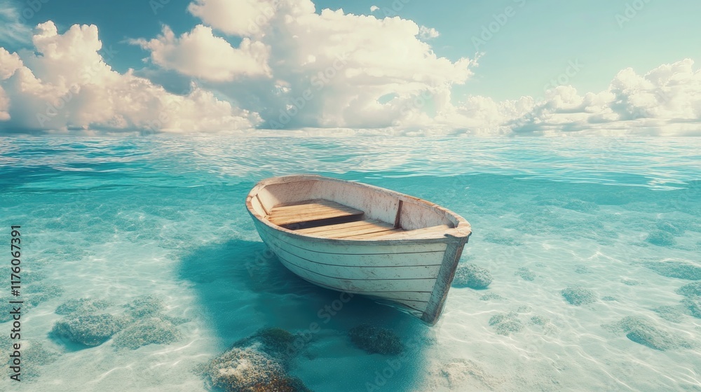 A clear-water boat scene with sandy ocean floor visible below. A clear-water boat scene with sandy ocean floor visible below.