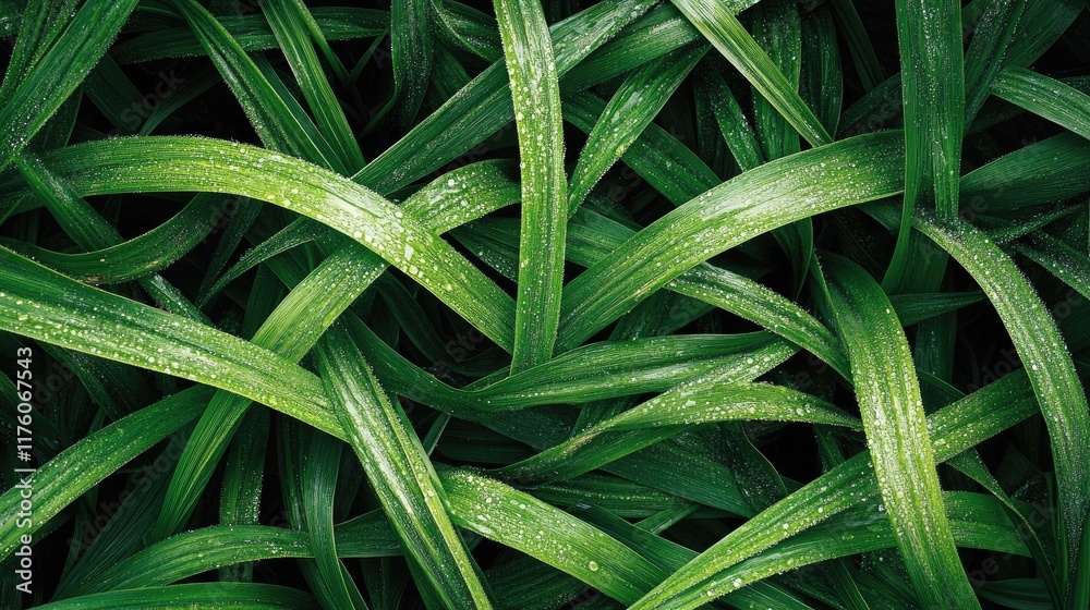 Obraz premium A close-up of dew-covered grass blades on a vibrant green lawn.
