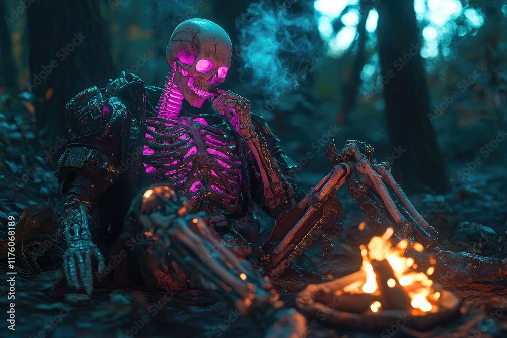 Fototapeta premium Glowing Skeleton Rests By Campfire In Dark Forest