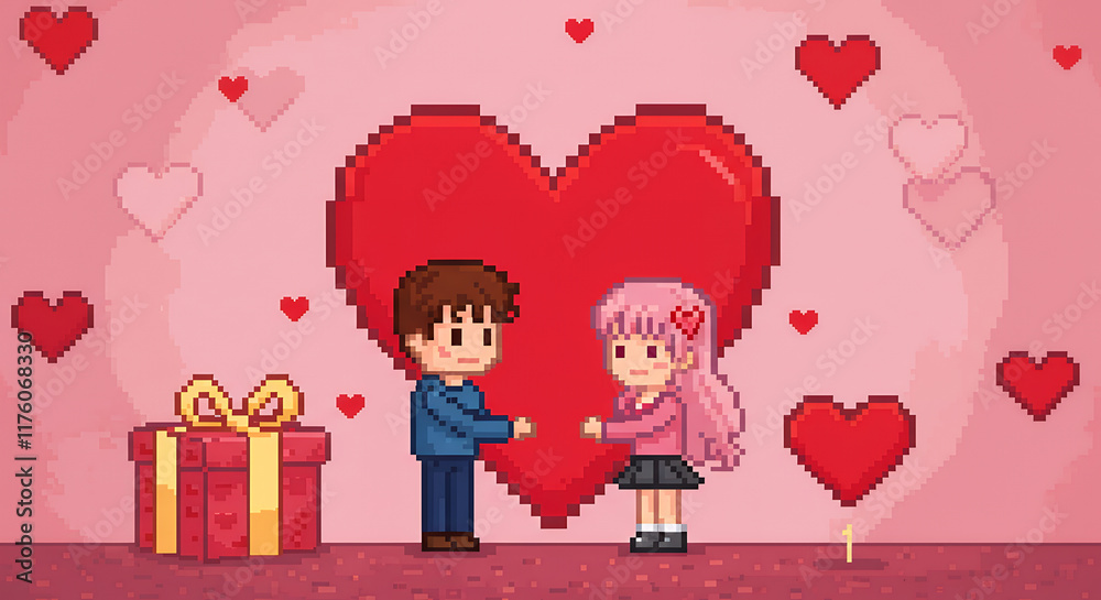 Pixel Art Valentine's Day Couple with Giant Heart and Gift Pixel Art Valentine's Day Couple with Giant Heart and Gift