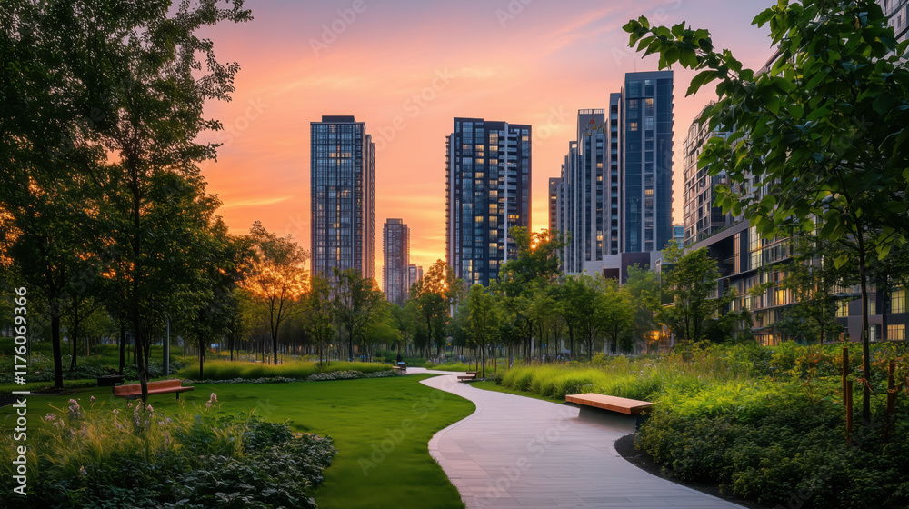 Obraz premium Serene Urban Park at Sunset with Vibrant Greenery, Walking Paths Lined with Tall Trees, a Sky Glowing in Pink and Orange Hues, and Framed by Modern City Buildings and Apartments