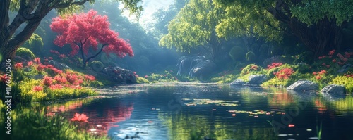 Tranquil Forest Scene with Vibrant Blossoms Reflecting on a Serene Pond, Perfectly Capturing Nature's Harmony and Beauty in Every Detail