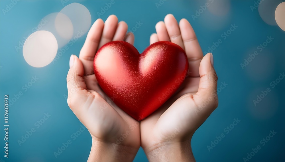 A red heart is gently held in two cupped hands, against a soft, blurred blue background A red heart is gently held in two cupped hands, against a soft, blurred blue background