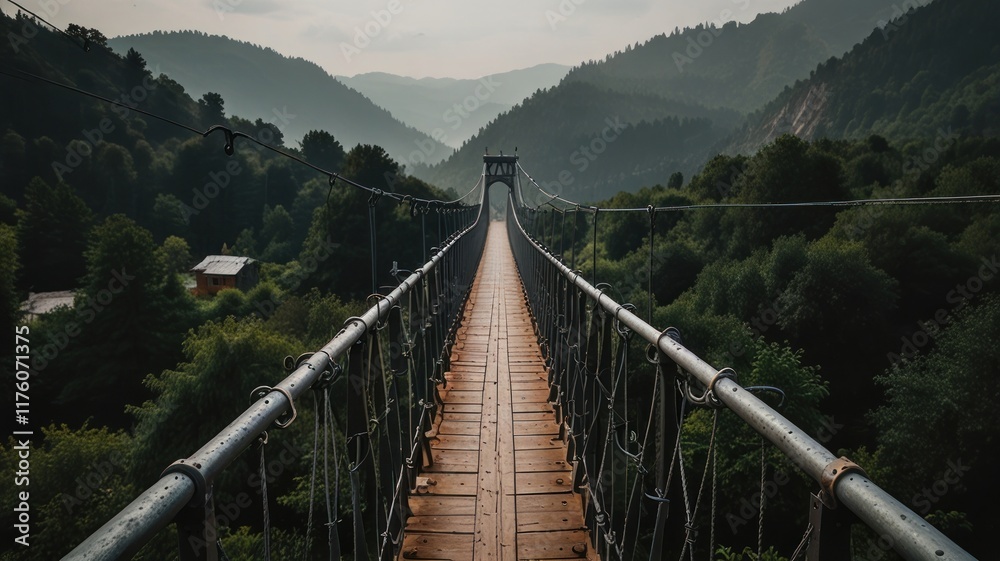 Obraz premium Wooden suspension bridge spanning a valley with lush green forest and mountains in the background.