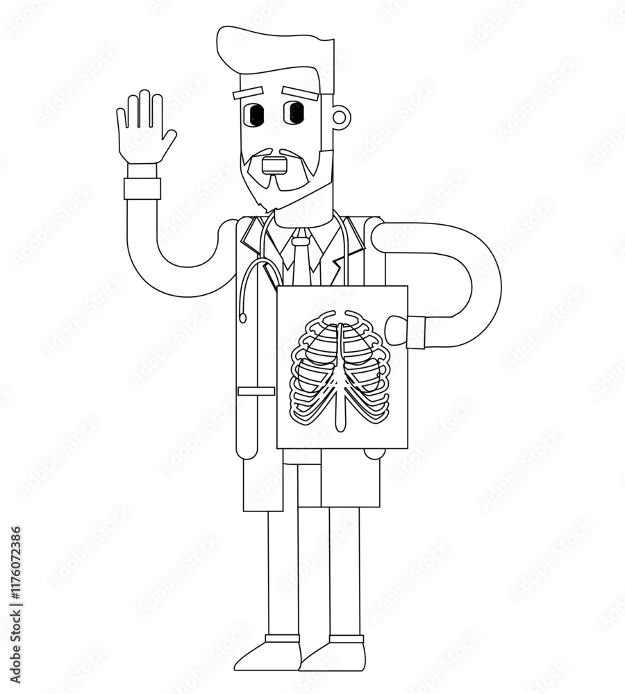 Black and white line vector illustration, male doctor, cute cartoon illustration Black and white line vector illustration, male doctor, cute cartoon illustration