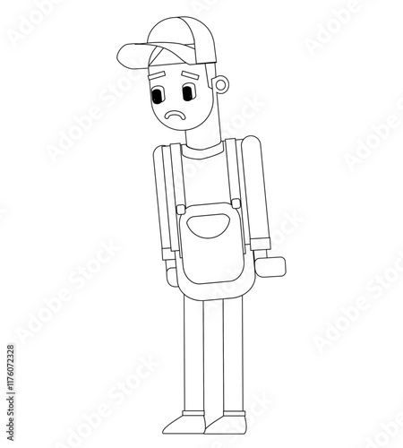 Black and white line vector illustration, cleaning service man, cute cartoon illustration