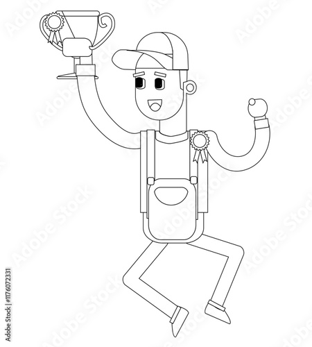 Black and white line vector illustration, cleaning service man, cute cartoon illustration