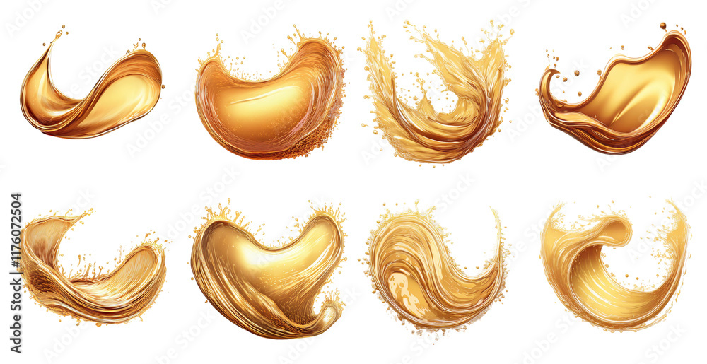 Golden liquid splashes in elegant motion isolated on transparent background Golden liquid splashes in elegant motion isolated on transparent background