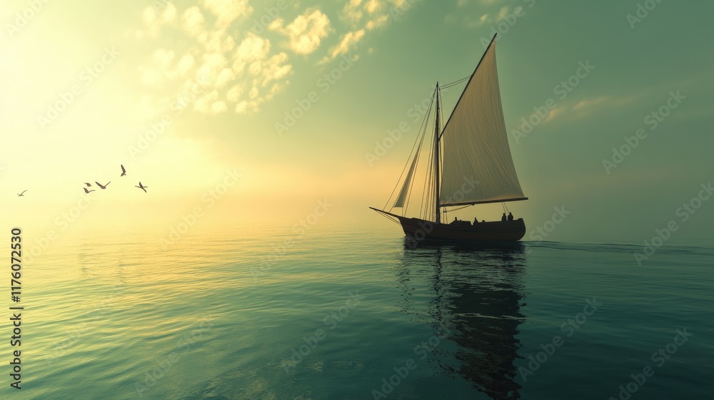 Fototapeta premium A picturesque sailboat riding calm waves in a serene ocean.