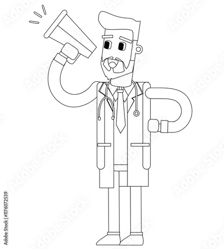 Black and white line vector illustration, doctor, cute cartoon illustration