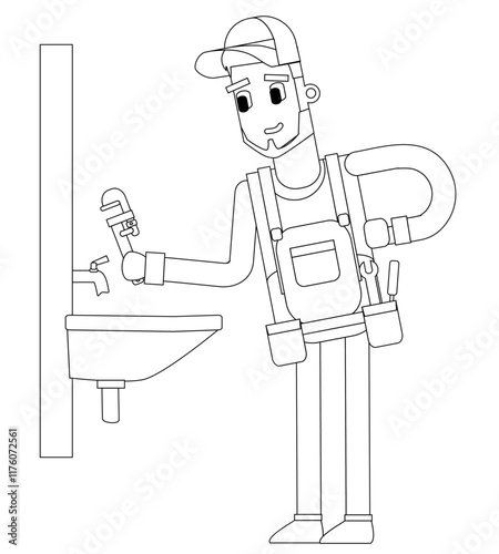 Black and white line vector illustration, man plumber, cute cartoon illustration