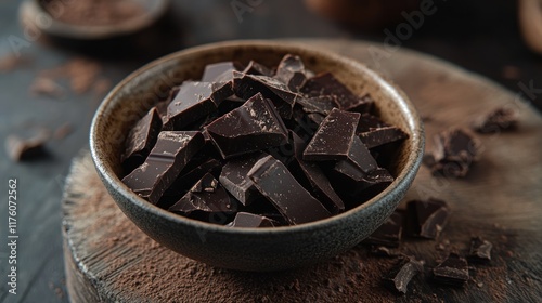 Dark Chocolate Pieces in a Bowl with Cocoa Powder photo