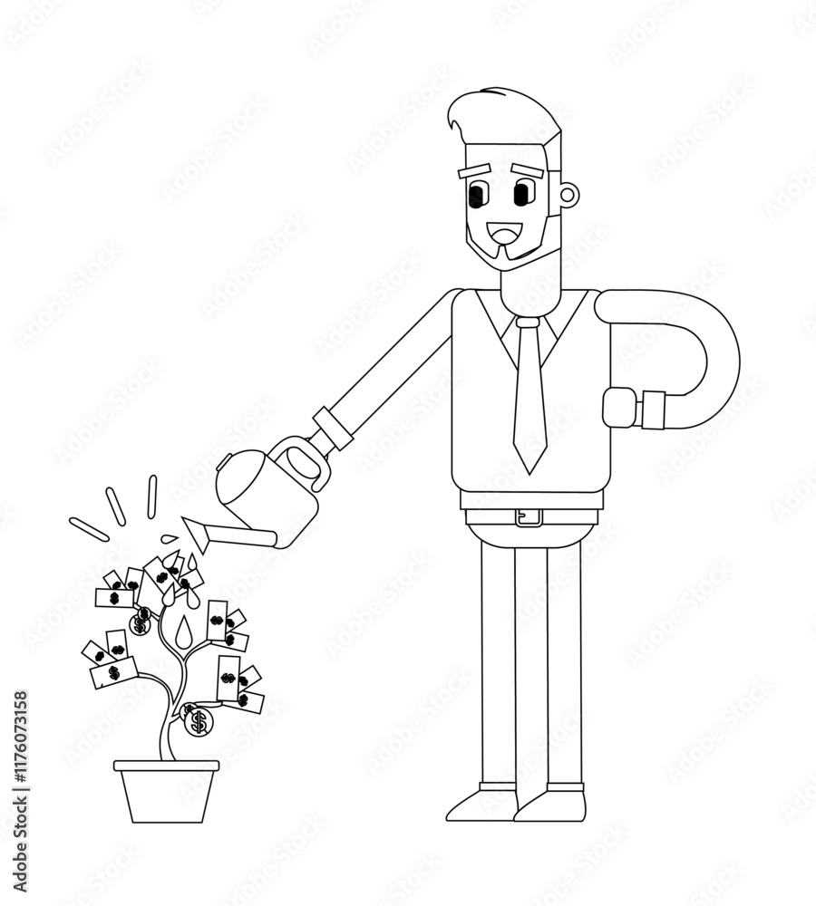 Black and white line vector illustration, business man character with money he has, cute cartoon illustration Black and white line vector illustration, business man character with money he has, cute cartoon illustration