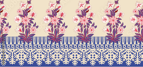 A seamless textile design inspired by traditional Indian block prints, featuring floral and geometric patterns for handcrafted wallpapers and ornate gift wraps.