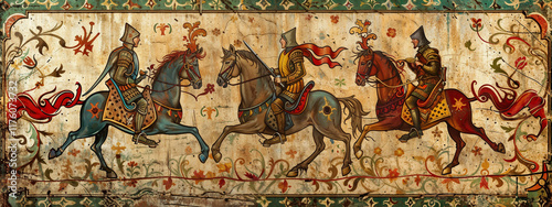 Decorative frieze showing three mounted knights in armor galloping across floral background with ornate swirls and patterns, rendered in medieval illuminated style.