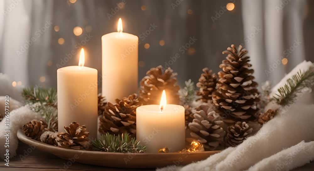 Cozy christmas atmosphere with lit candles and pine cones 4K Cozy christmas atmosphere with lit candles and pine cones 4K