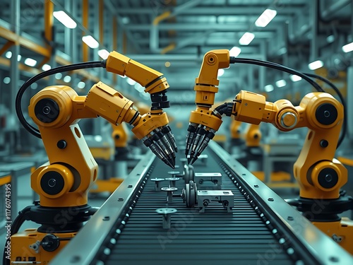 Automated Assembly Line: Robotic Arms at Work in Modern Factory AI Generated photo