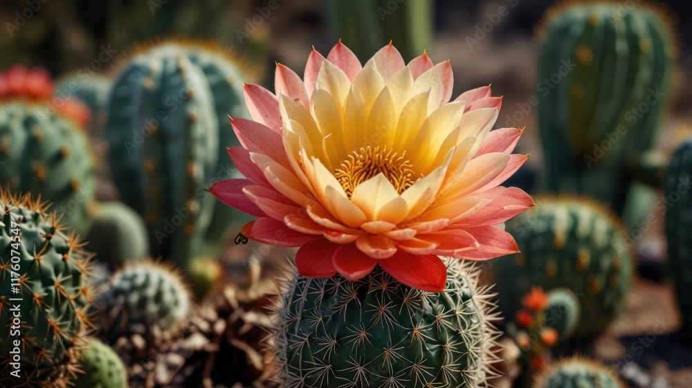 Vibrant cactus flower in bloom amidst other cacti. Vibrant cactus flower in bloom amidst other cacti.