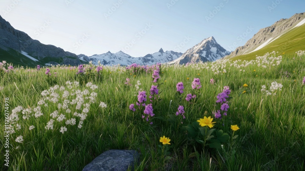 Obraz premium Scenic mountain landscape with vibrant wildflowers in a meadow.