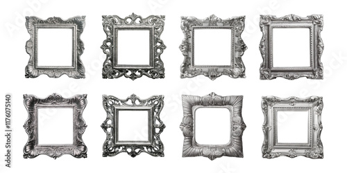 Silver decorative frame with shadows and highlights, set collection, mega bundle, isolated on transparent background