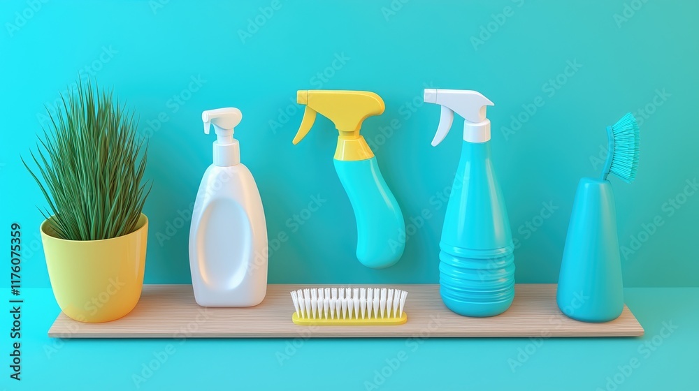 A bright and cheerful cleaning setup on a natural wooden table, emphasizing sanitation. A bright and cheerful cleaning setup on a natural wooden table, emphasizing sanitation.
