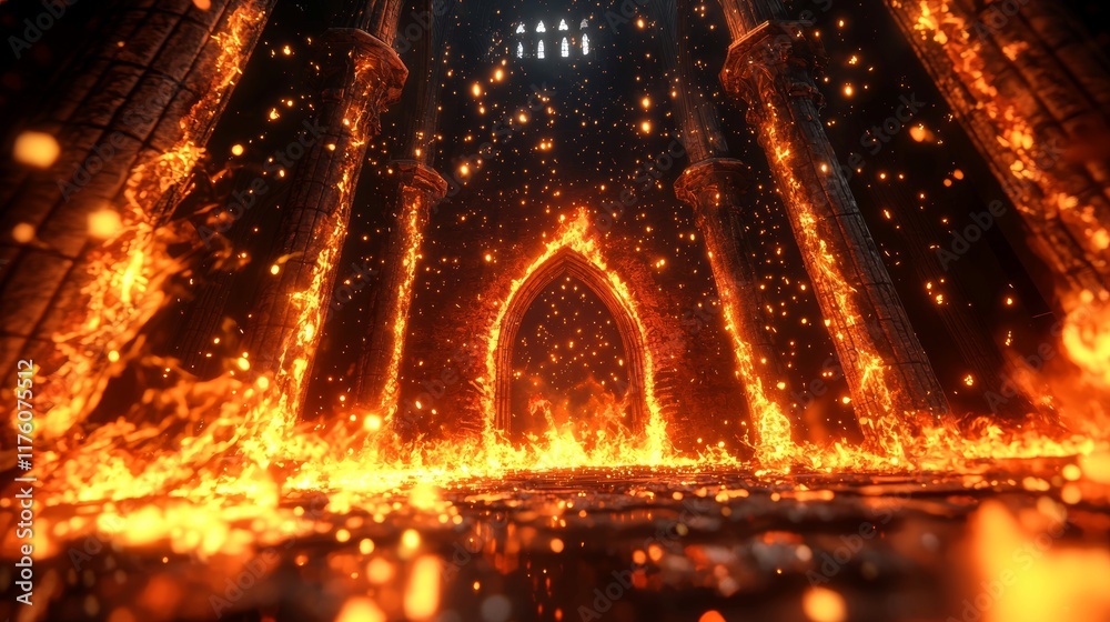 Fototapeta premium Raging inferno in abandoned building, red-orange flames, city skyline in background