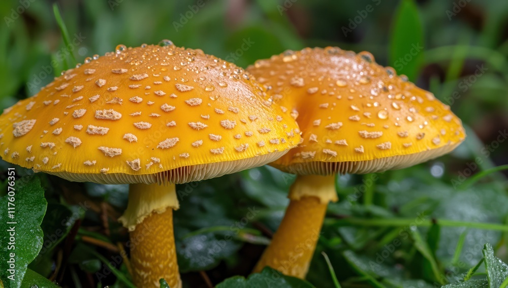 Golden Mushrooms in Dewy Grass Golden Mushrooms in Dewy Grass