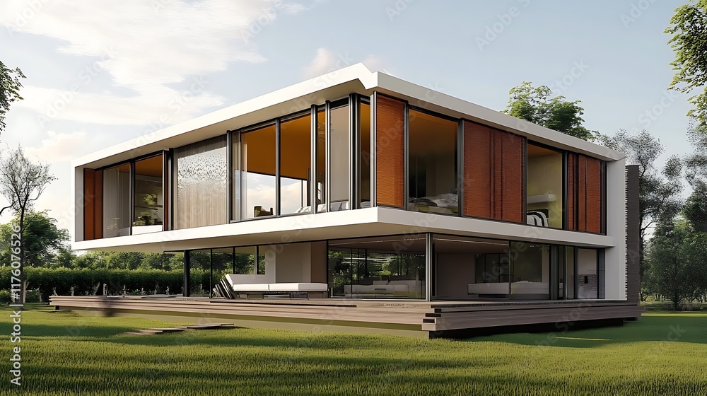 Fototapeta premium Modern Architectural Design: Luxurious Two-Story House with Expansive Windows and Wooden Accents