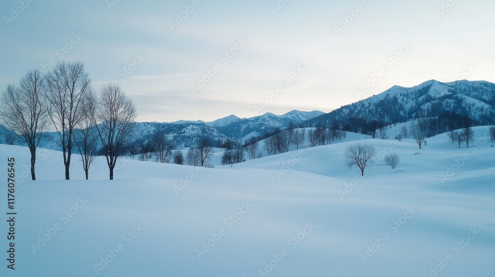 Serene winter landscape with snow-covered hills and distant mountains. Serene winter landscape with snow-covered hills and distant mountains.