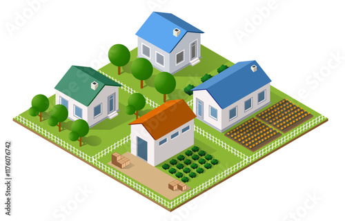 Isometric view of a residential area showing suburban houses with colorful roofs, cultivated vegetable gardens, trees, and fences, creating a peaceful community