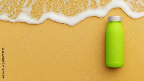 Reusable bottle placed on sandy beach with ocean waves, vibrant colors, spacious text area for eco-conscious branding, bright and fresh appeal photo