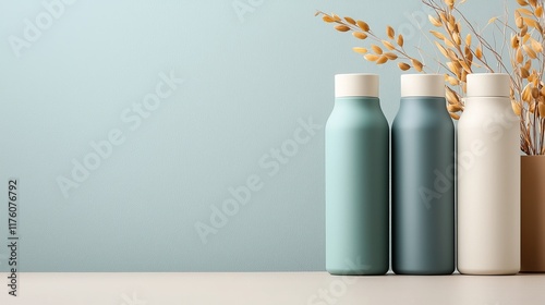 Reusable water bottle, eco-friendly branding design, sleek minimalist photo