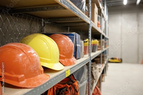 Bright Safety Helmets on a Shelf in a Construction Warehouse, Displaying Organization and Readiness in a Professional Environment