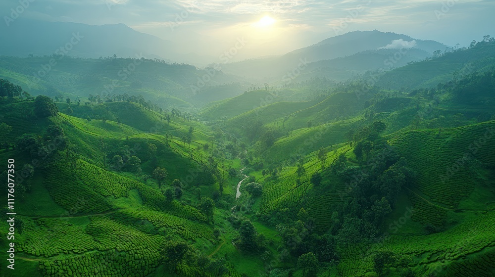 Fototapeta premium Lush green hills and valleys under a soft sunrise, evoking tranquility and natural beauty.