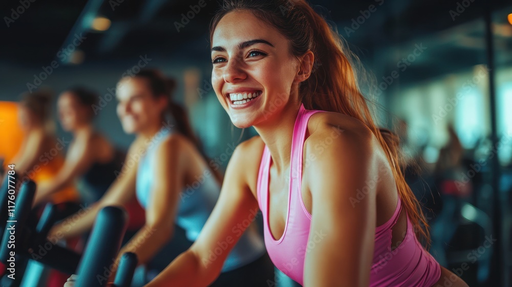 Woman Smiling During a Spin Class at the Gym Woman Smiling During a Spin Class at the Gym