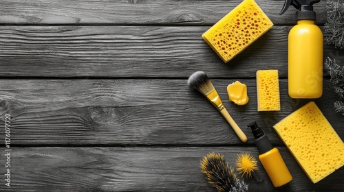A flat-lay featuring yellow sponges, a spray bottle, and brushes on a rustic wood texture.
