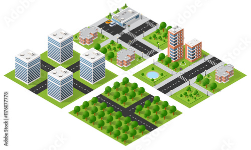 Set of urban elements forming a modern city, including skyscrapers, residential buildings, parks, roads and infrastructure