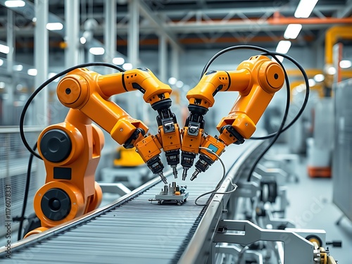 Industrial Robots Collaborate on Assembly Line in Modern Factory AI Generated photo