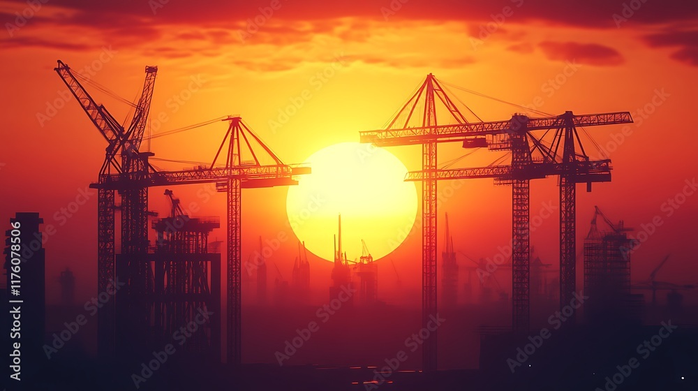 Obraz premium Silhouetted Construction Cranes at Sunset: A Cityscape of Progress