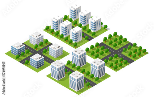 Isometric view of a modern city with buildings, roads, and green parks, representing urban planning and development